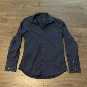 H&M Navy w/ White Polka Dot Print Long Sleeve Button Down Shirt, Size Medium